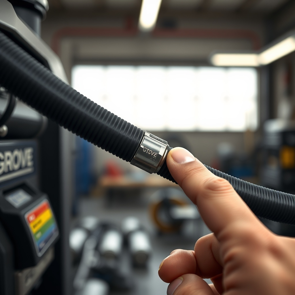A photorealistic image showing a hydraulic hose on a Grove GMK3060 with a small blister (s