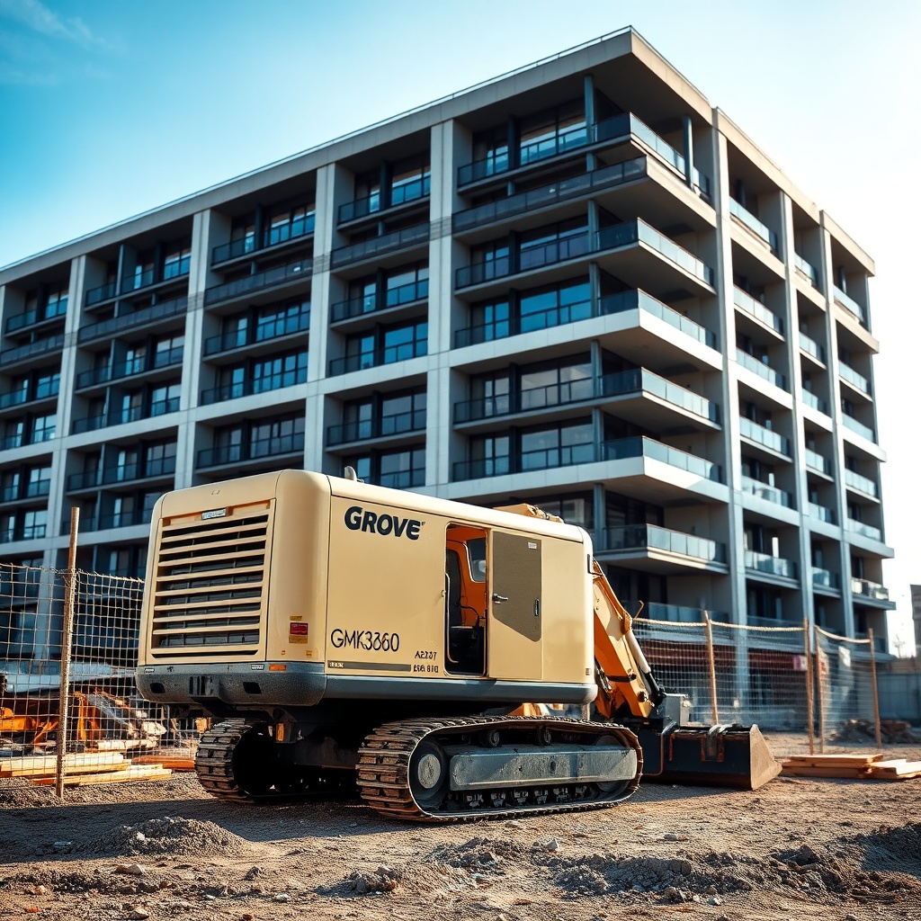 <clean photorealistic photo of a Grove GMK3060 working on a construction site
