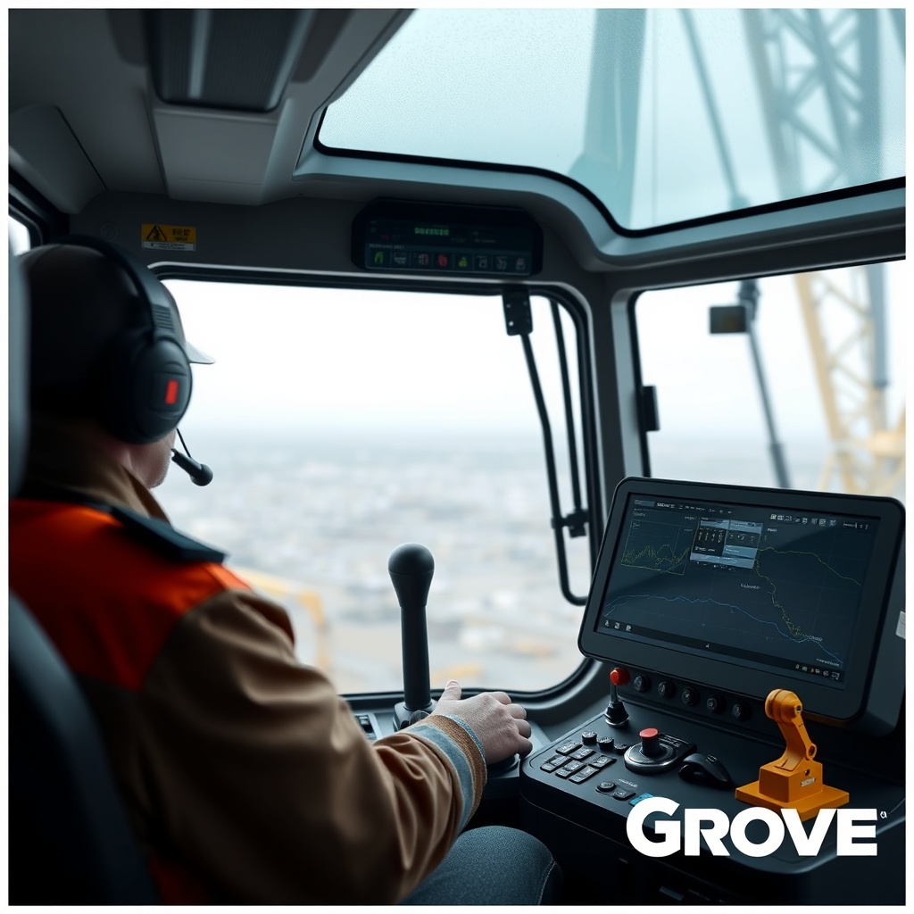 A photorealistic photo of a crane operator using the touchscreen interface inside the Grov