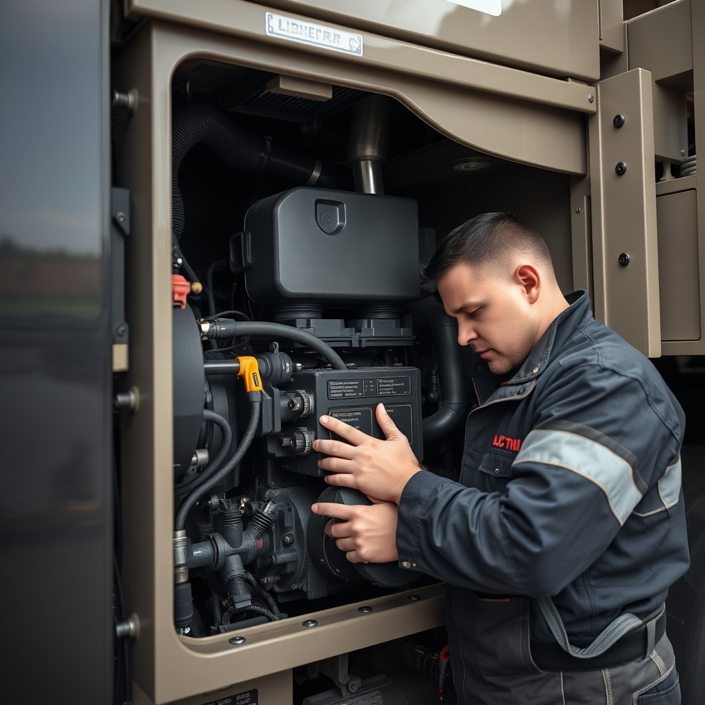 clean photorealistic photo of a mechanic inspecting the engine compartment of a Liebherr L
