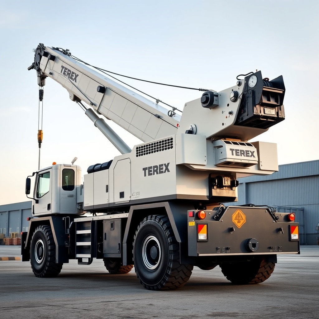 A photorealistic shot of a Terex AC 45-1 crane parked at an industrial yard with a clear s