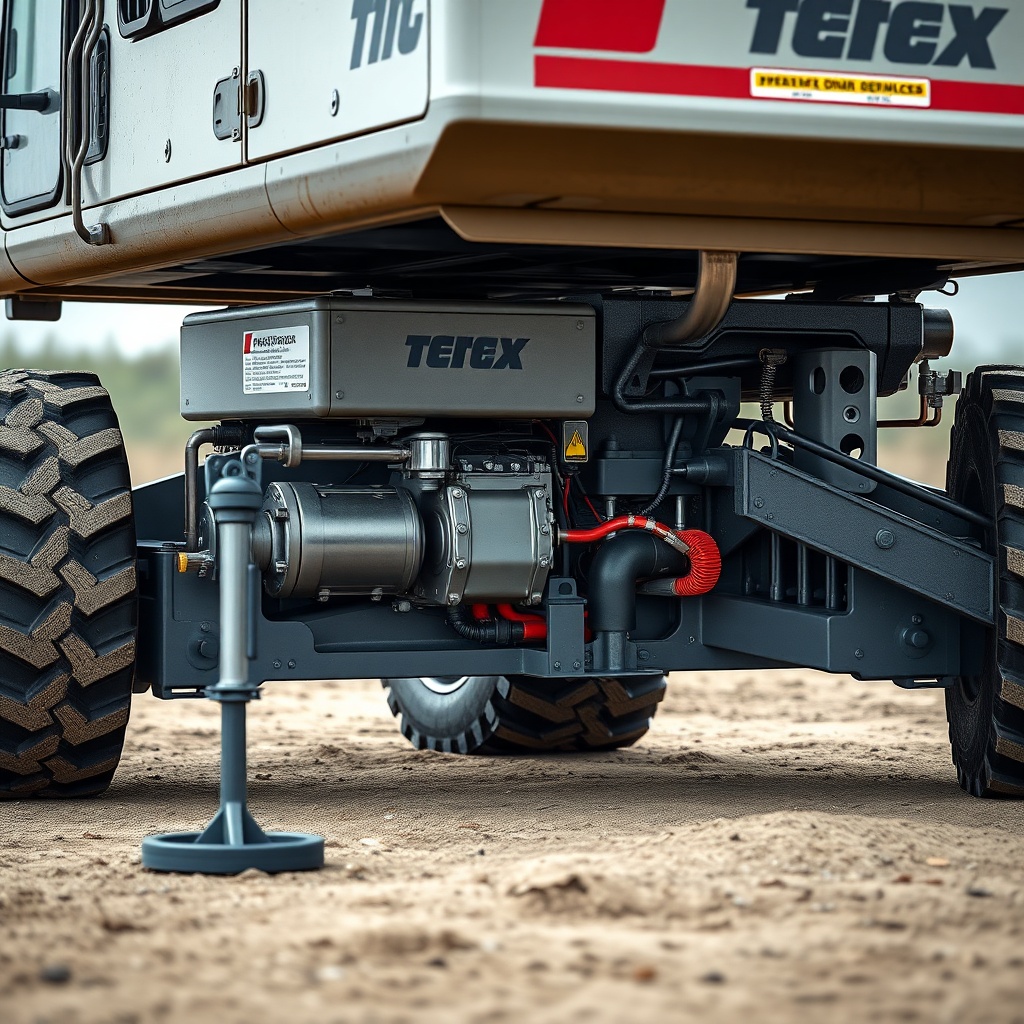 photorealistic photo of a Terex AC 45-1 operating on a slightly uneven terrain with outrig