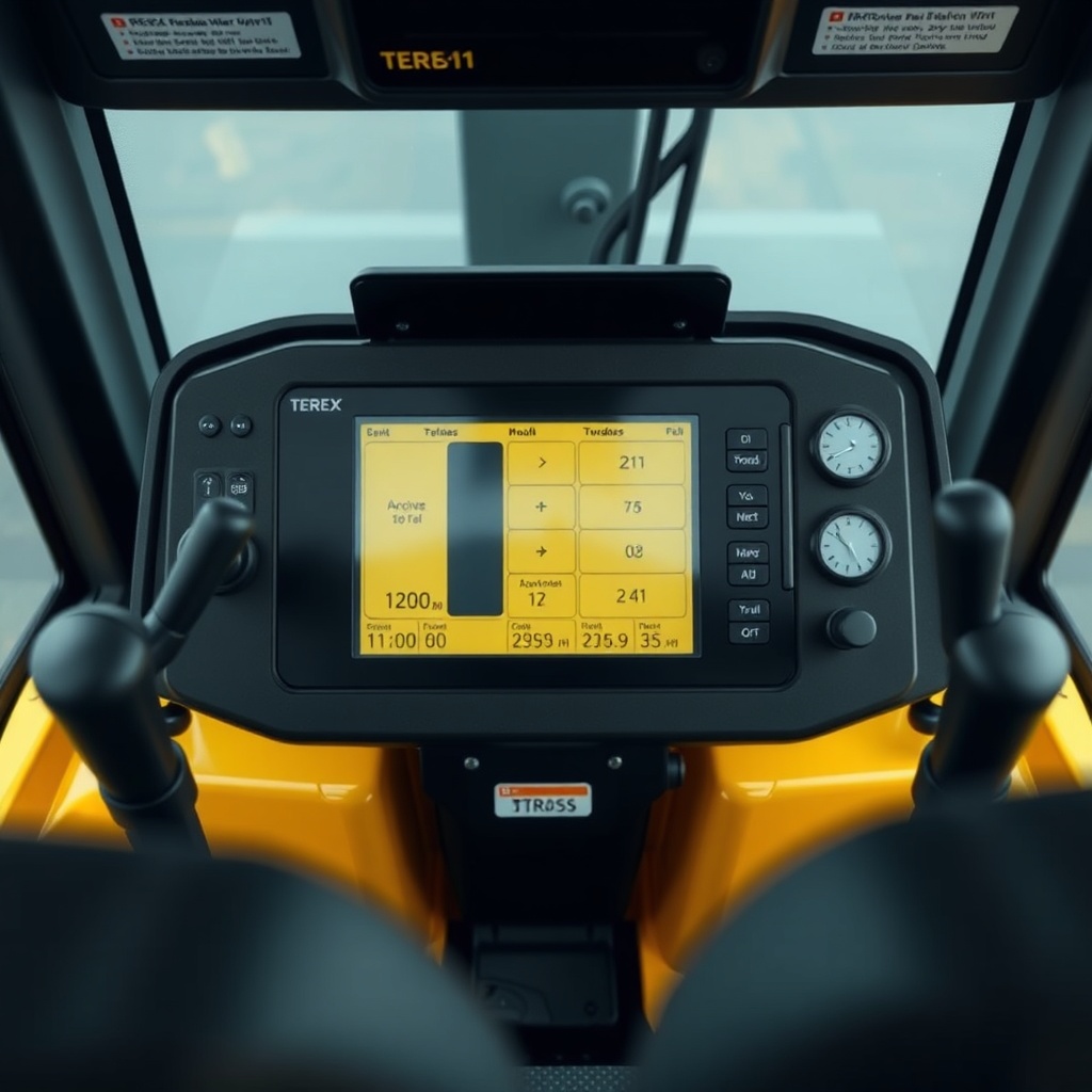 Photorealistic close-up of the Terex AC 45-1 control panel inside the cabin