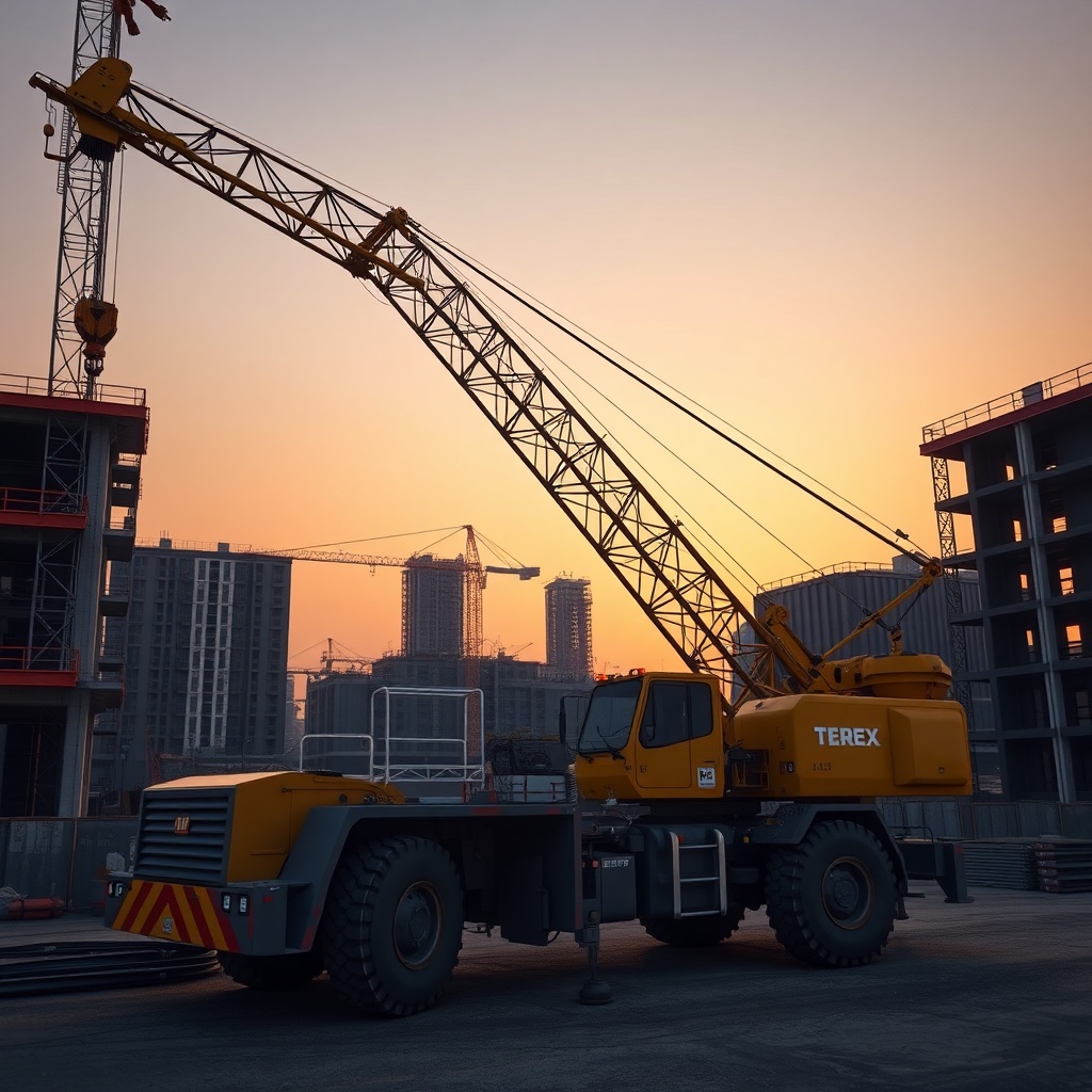 Photorealistic wide shot of a Terex AC 45-1 crane working on a construction site at sunset