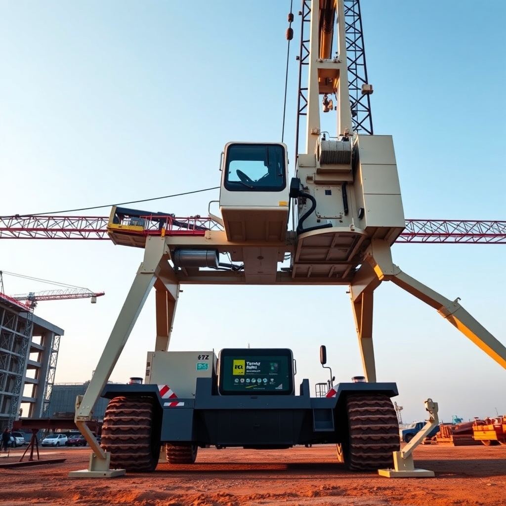 A photorealistic wide-angle shot of a Terex AC 45-1 mobile crane on a construction site wi