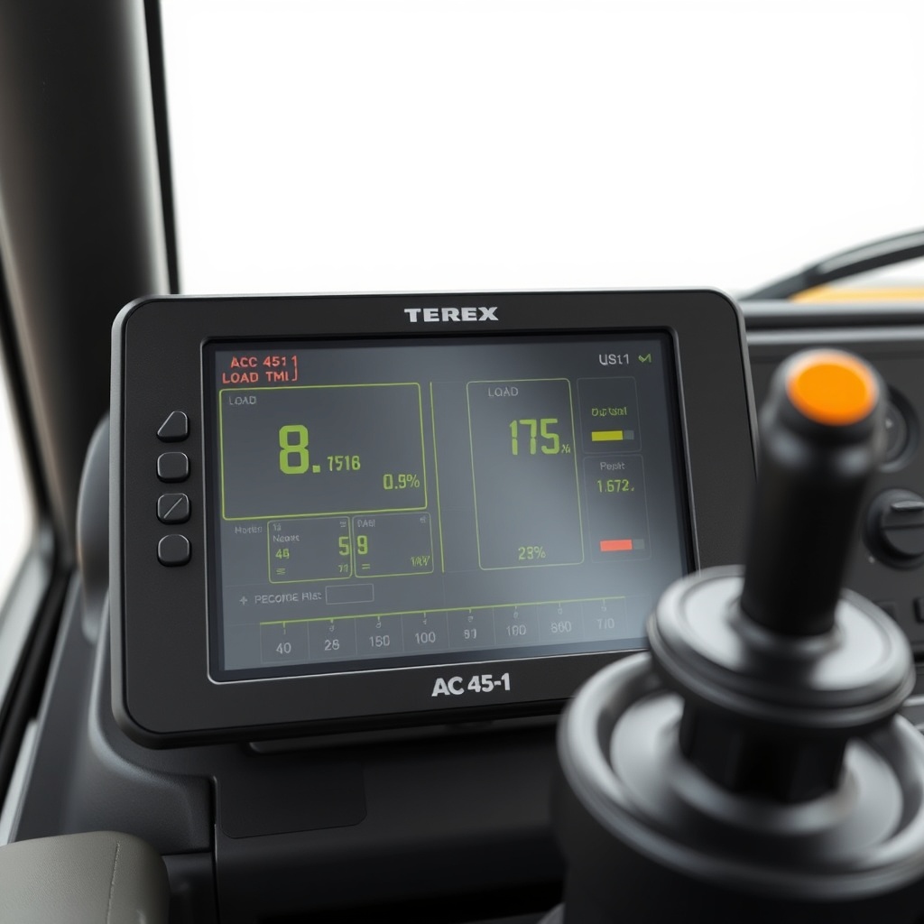 A photorealistic close-up of a Terex AC 45-1 LMI display showing load data and alarms