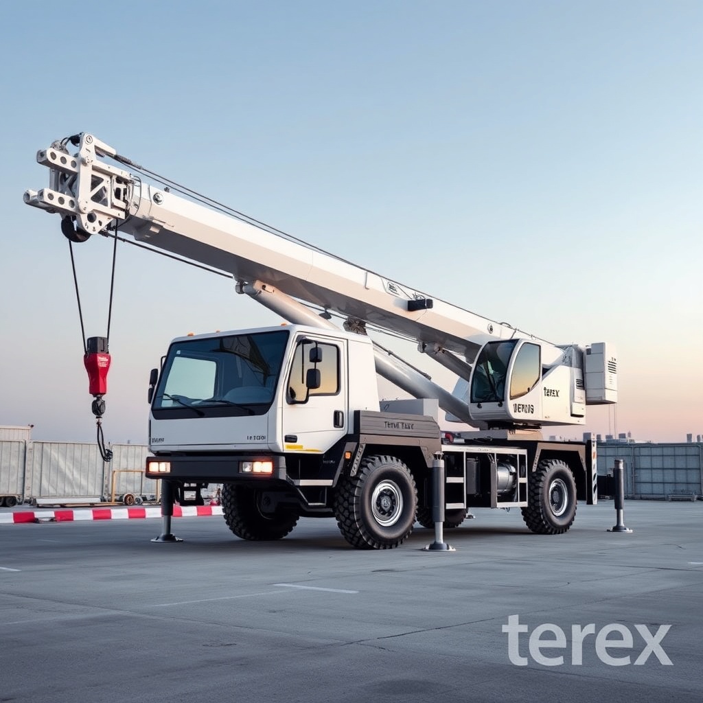 <A photorealistic photo of a Terex AC 45-1 mobile crane being prepared for assembly on a l