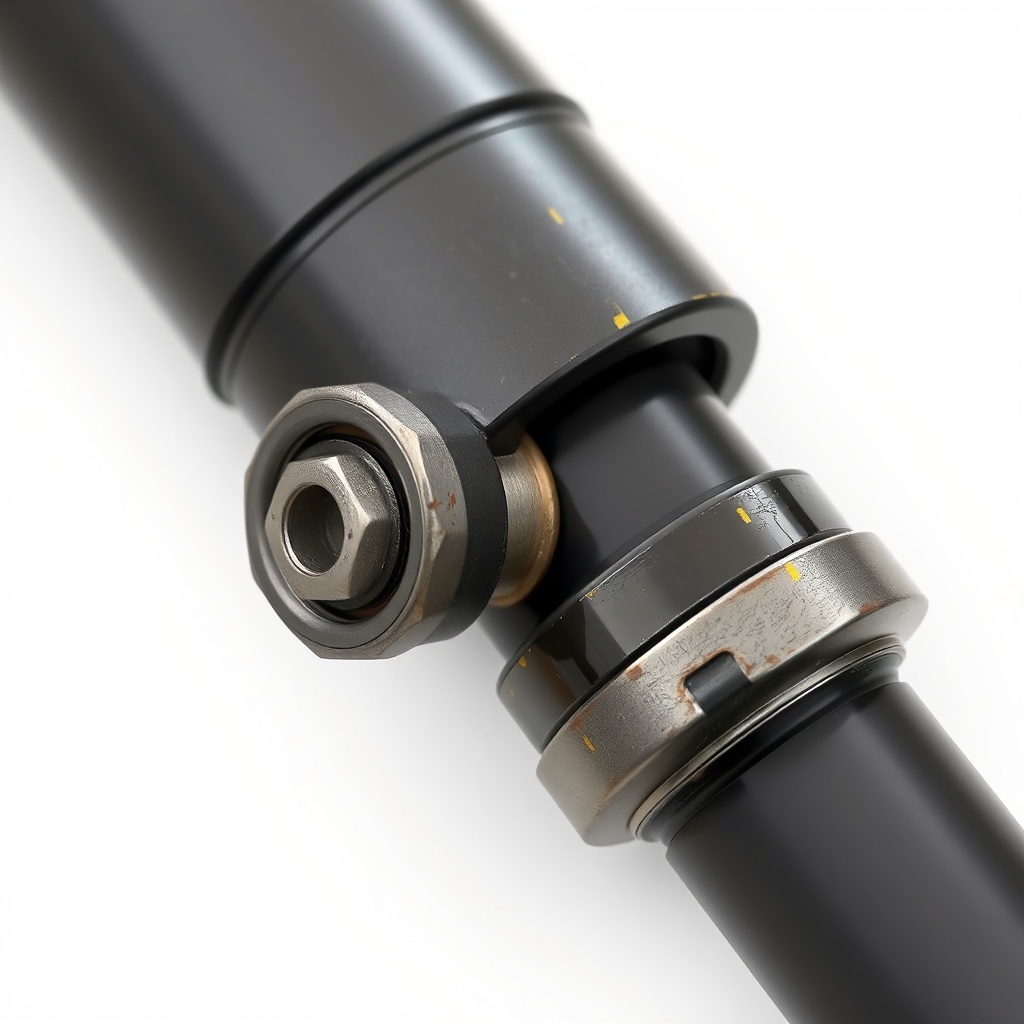 A close-up photorealistic photo of a Terex AC 45-1 hydraulic cylinder and hose assembly