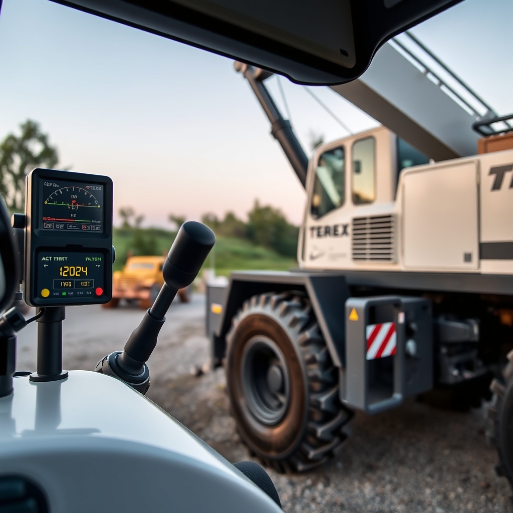 A photorealistic photo of a Terex AC 45-1 fitted with a remote control kit and a load mome